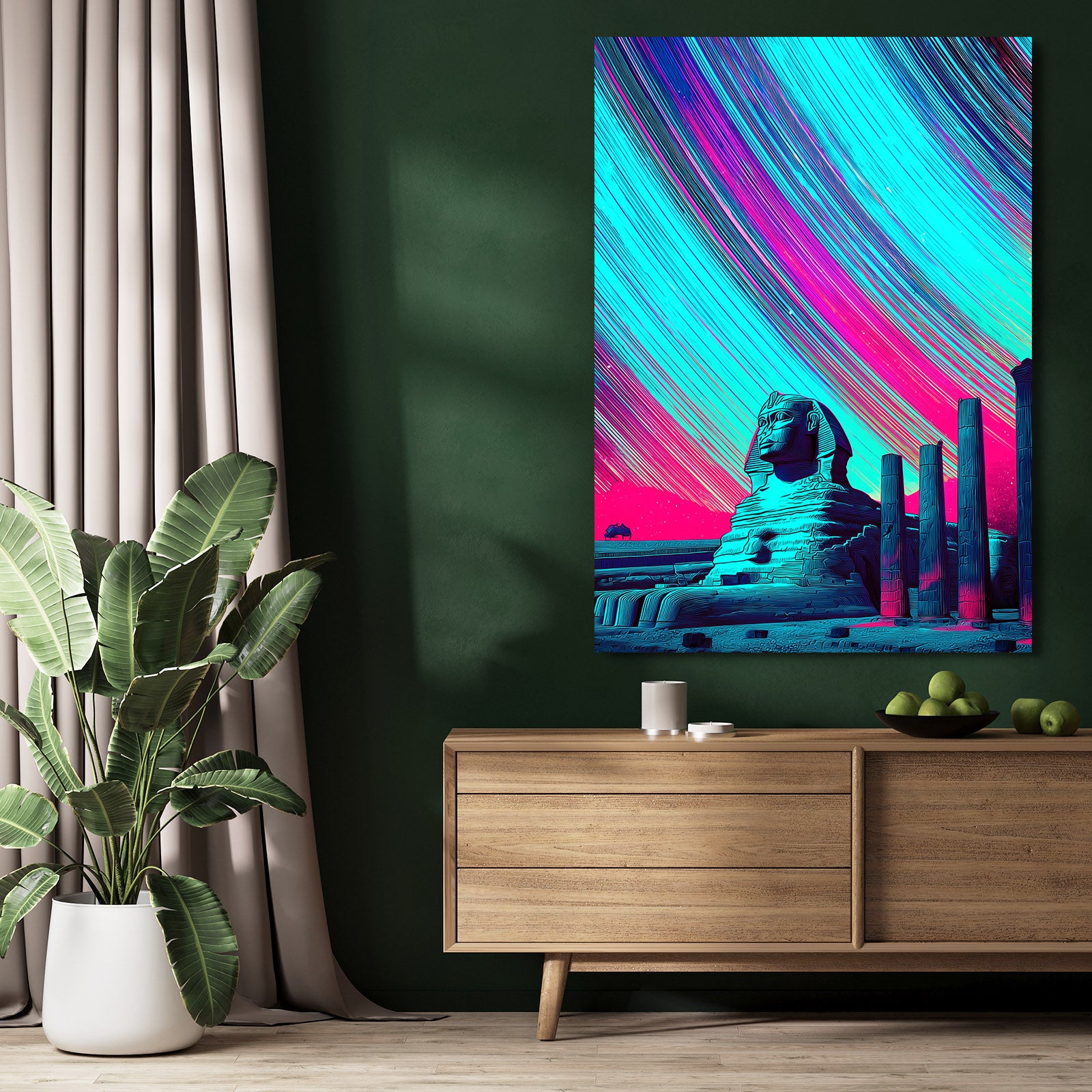 Vivid Sphinx Gradient Egyptian Prints – styled in a furnished interior