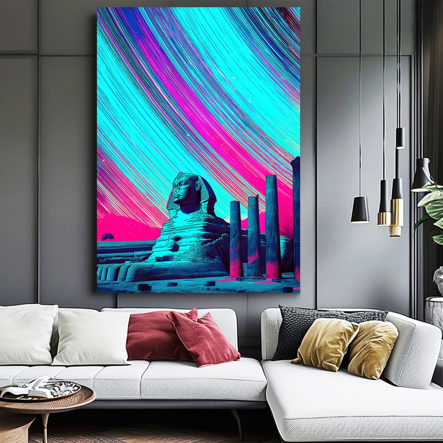 Vivid Sphinx Gradient Egyptian Prints – styled in a furnished interior