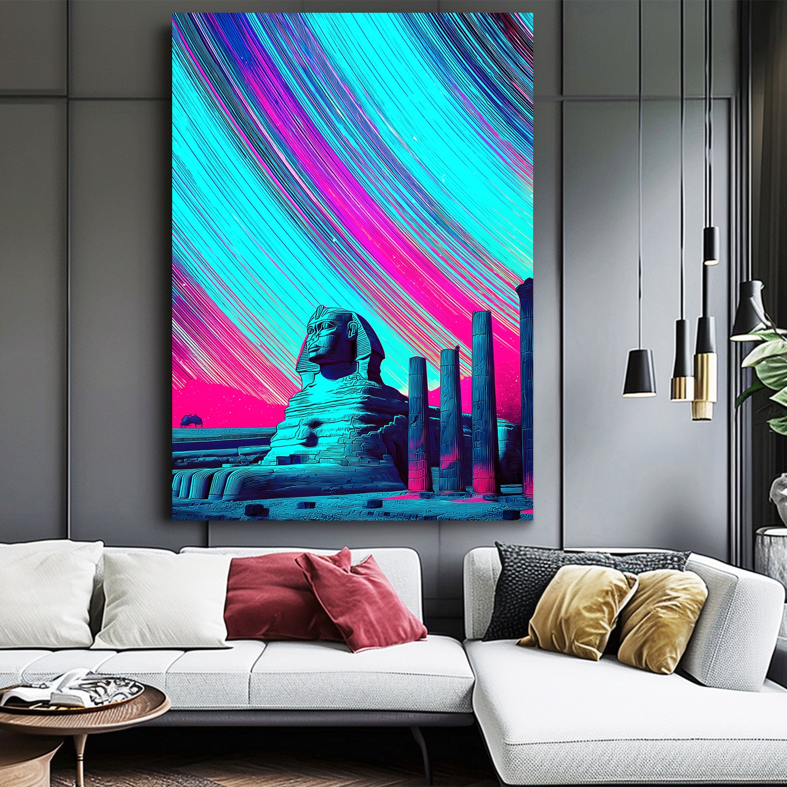 Vivid Sphinx Gradient Egyptian Prints – styled in a furnished interior