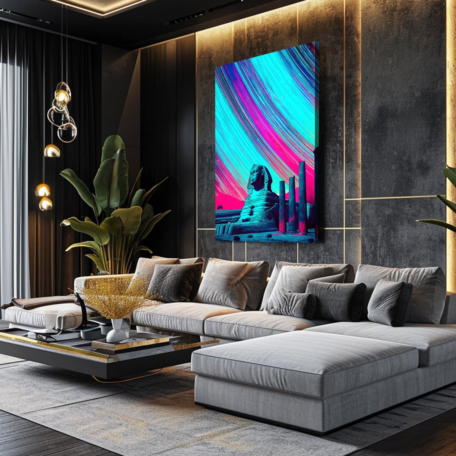 Vivid Sphinx Gradient Egyptian Prints – styled in a furnished interior