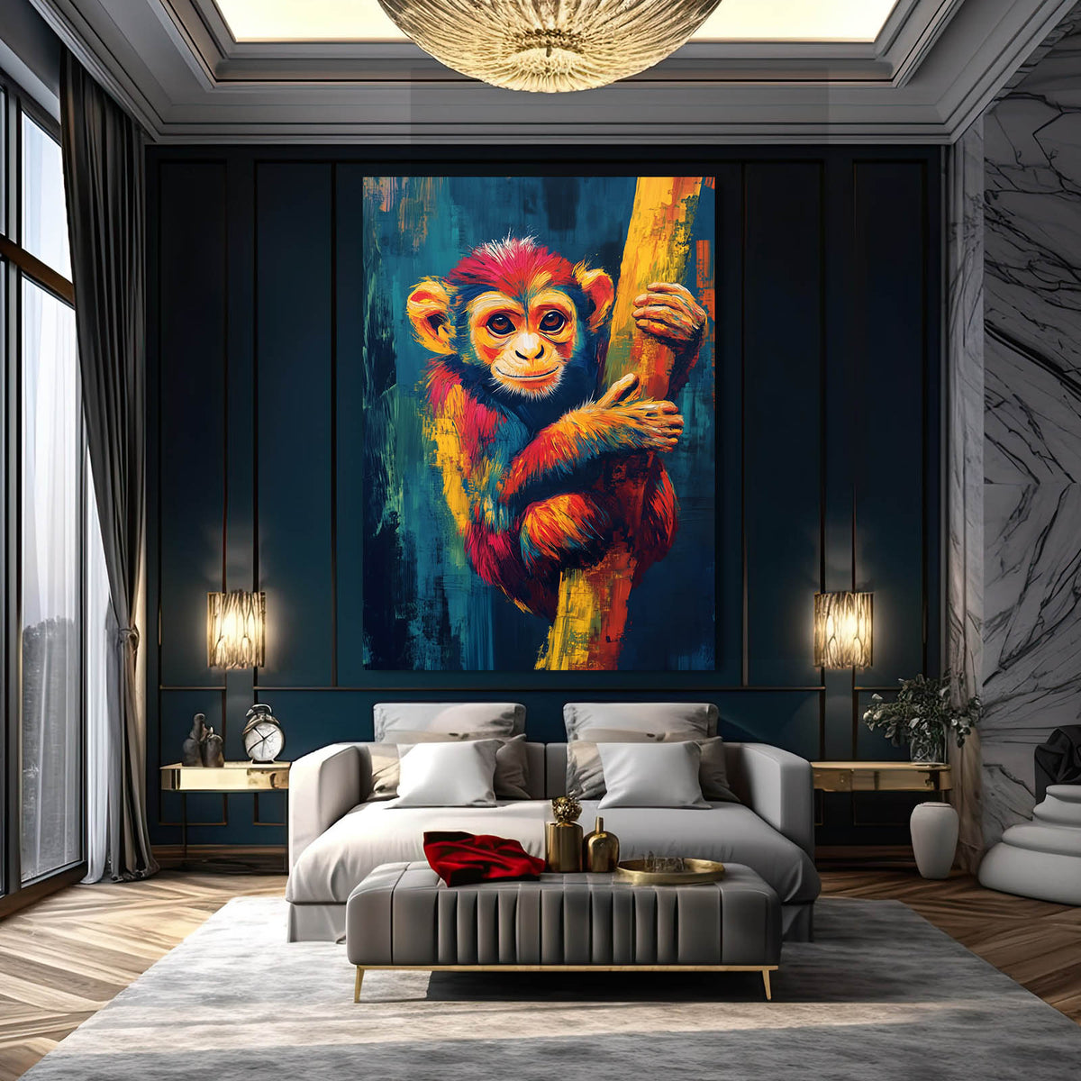 Vivid Tree Hug Monkey Wall Art — contemporary canvas print, styled in a furnished interior