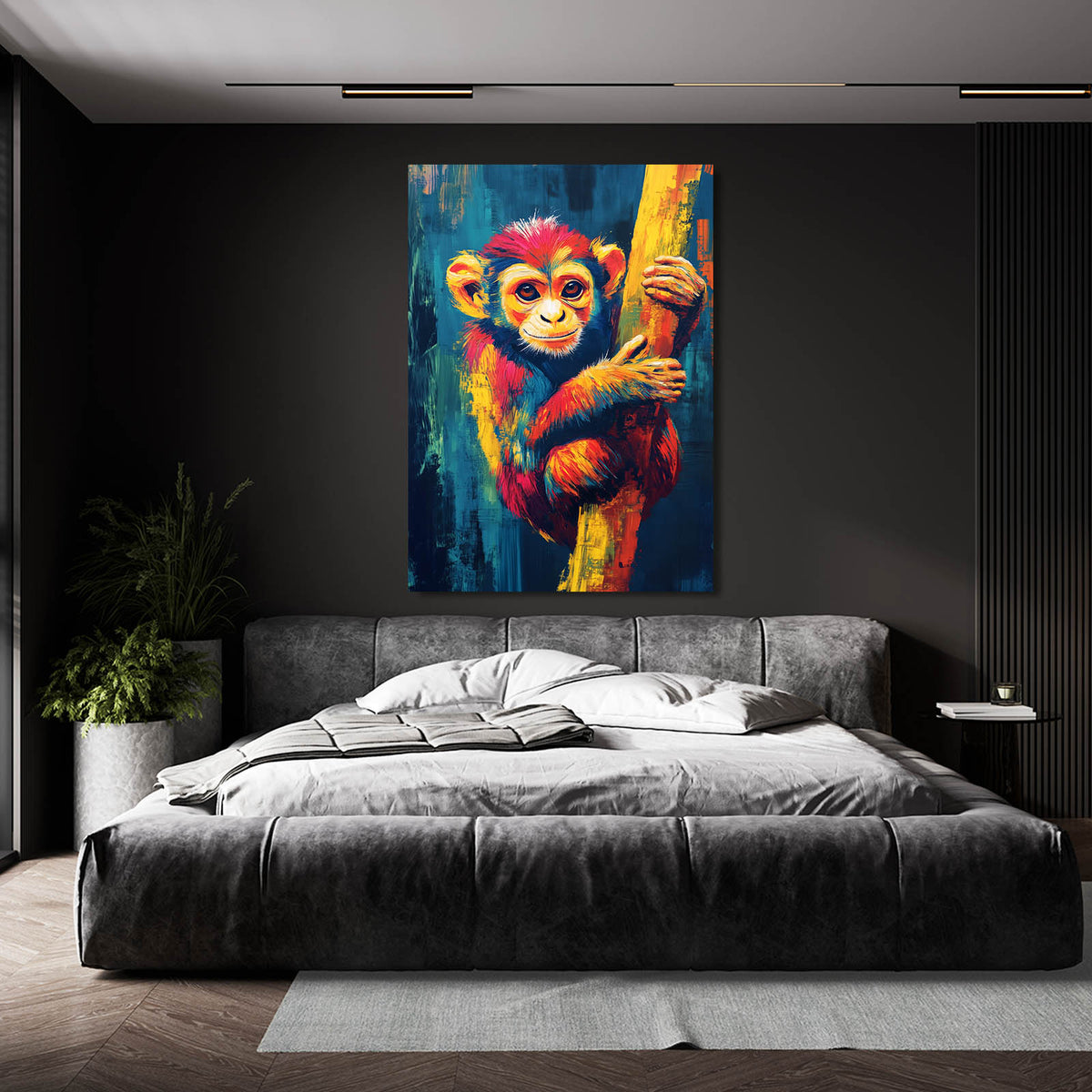 Vivid Tree Hug Monkey Wall Art — contemporary canvas print, styled in a furnished interior