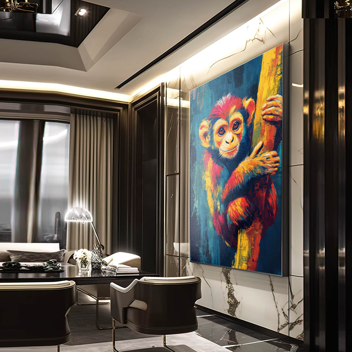 Vivid Tree Hug Monkey Wall Art — contemporary canvas print, styled in a furnished interior
