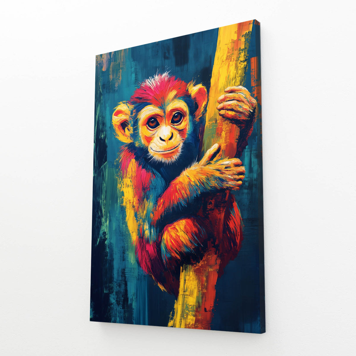 Vivid Tree Hug Monkey Wall Art — contemporary canvas print, angled canvas view on white background