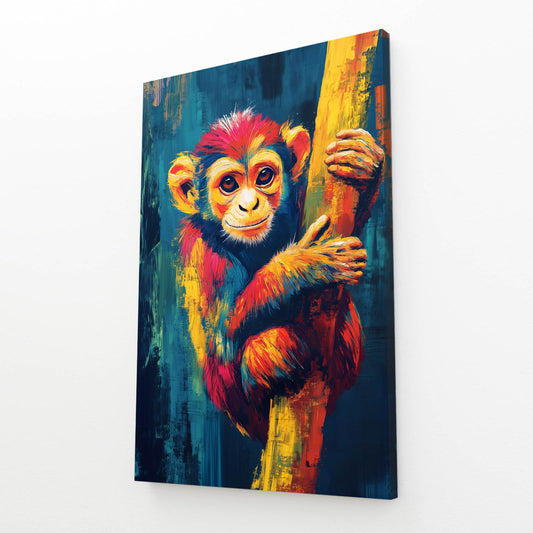 Vivid Tree Hug Monkey Wall Art – angled canvas view on white background