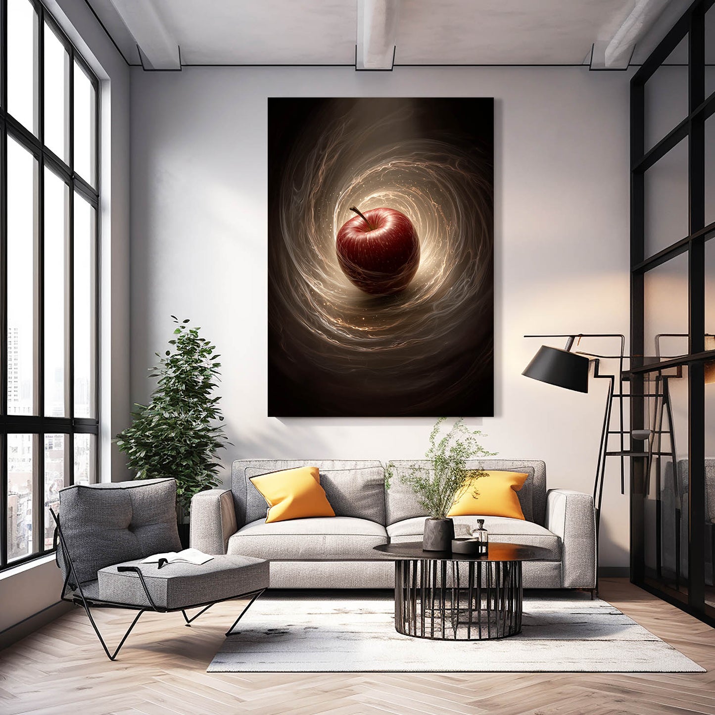Vortex Swirl Apple Art – styled in a furnished interior