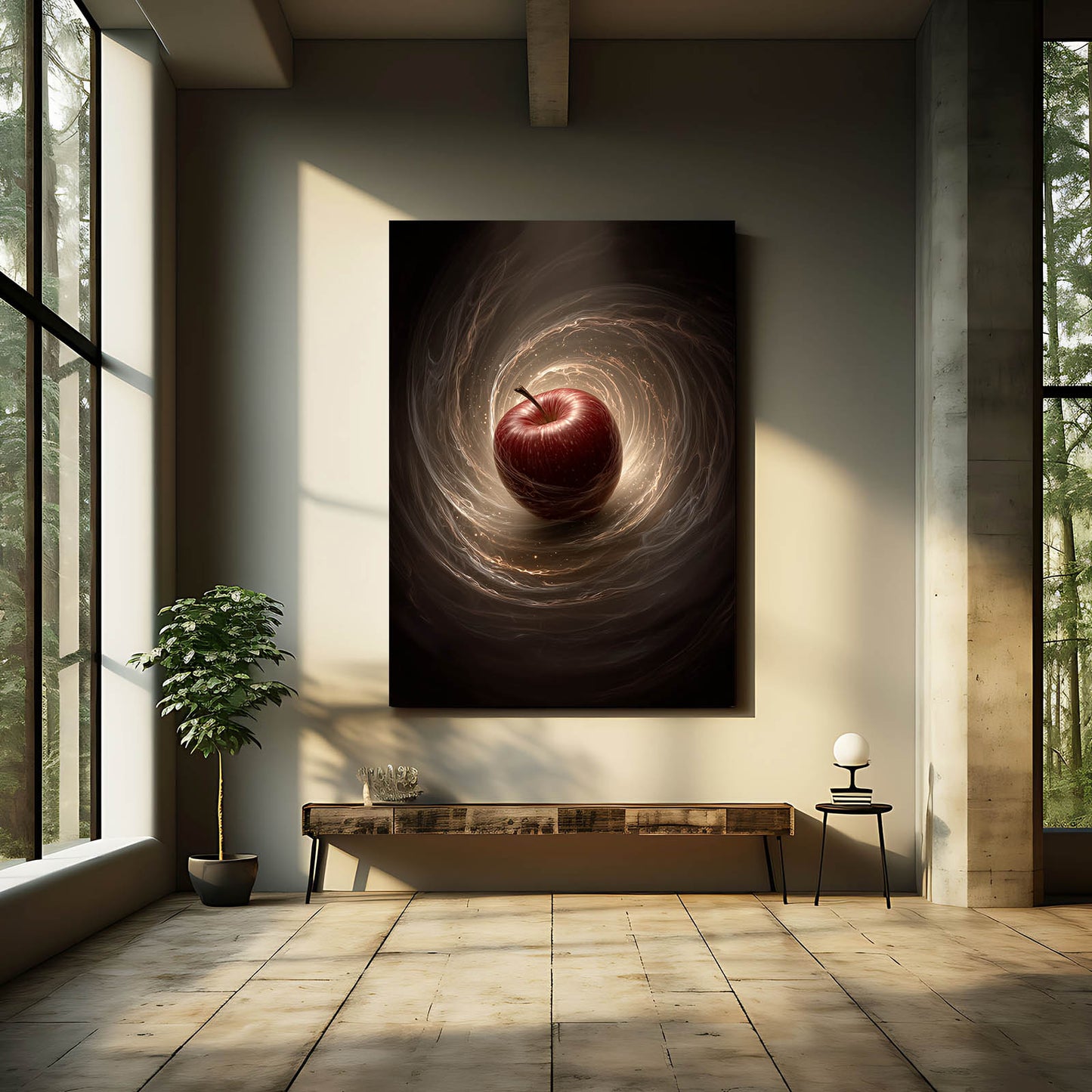Vortex Swirl Apple Art – styled in a furnished interior