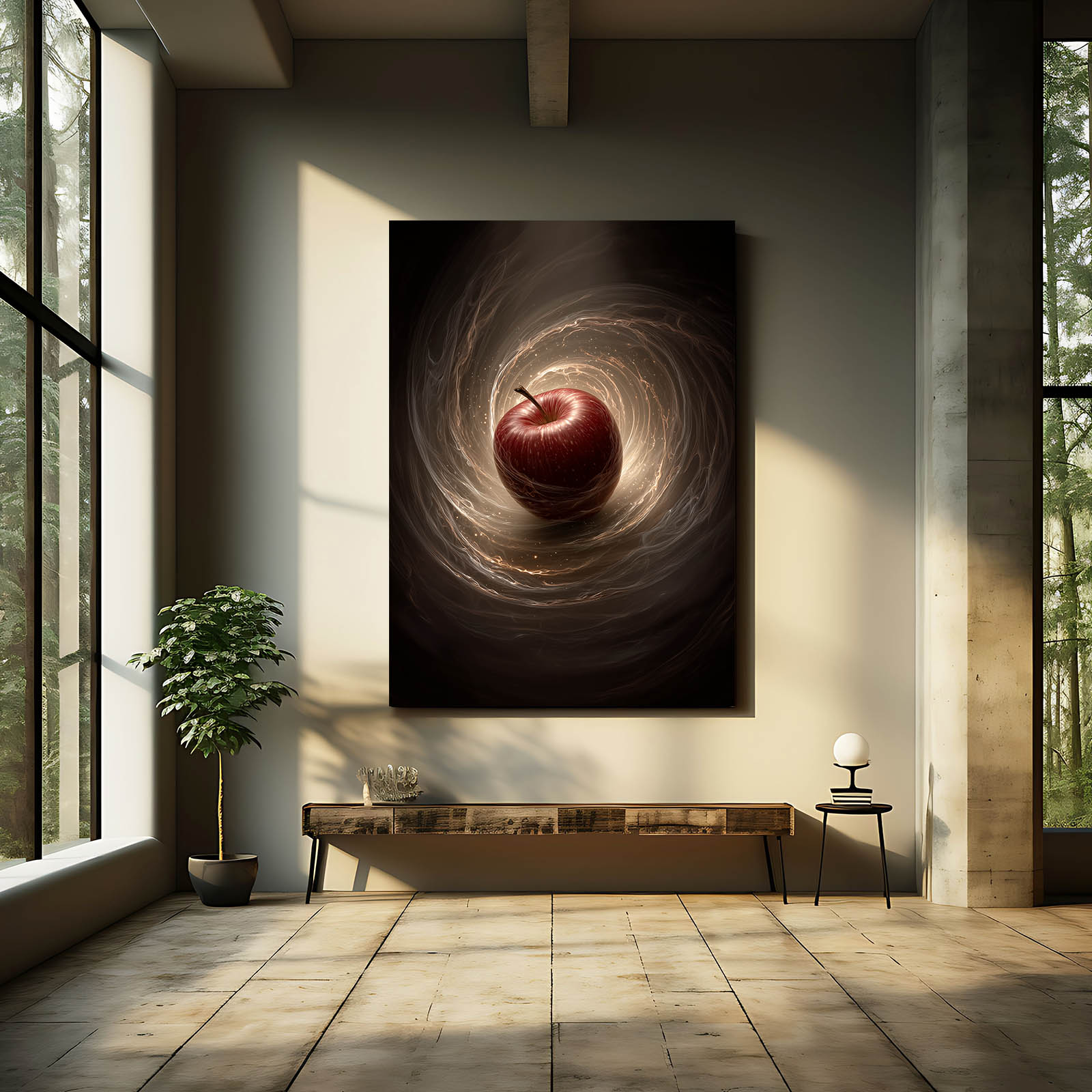 Vortex Swirl Apple Art – styled in a furnished interior