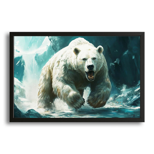 Wall Art Angry White Bear — contemporary canvas print in blue tones, with Premium Black frame on white background