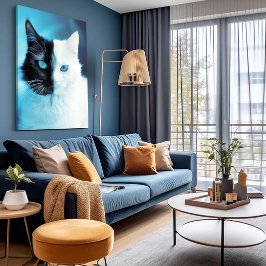 Wall Art Black And White Cat — black and white canvas print in blue tones, view 3