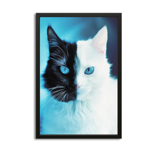 Wall Art Black And White Cat — black and white canvas print in blue tones, with Premium Black frame on white background