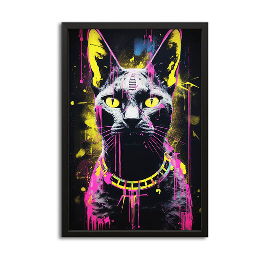 Wall Art Black Cat — graffiti canvas print in black tones, with Premium Black frame on white background