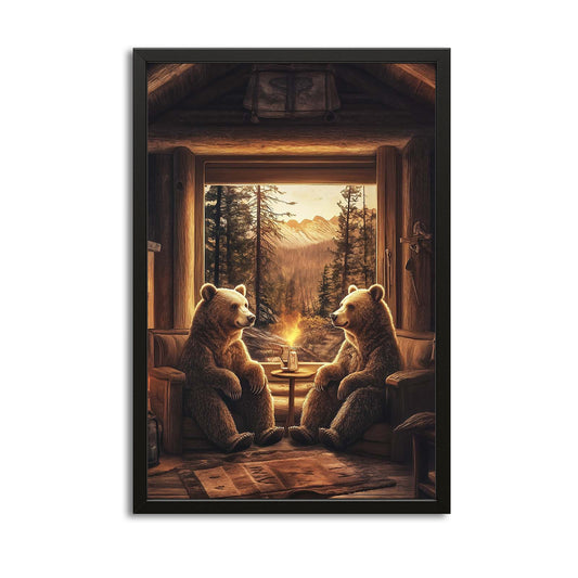 Wall Art Two Bear — contemporary canvas print in brown tones, with Premium Black frame on white background