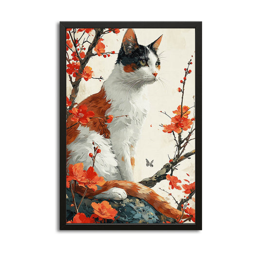 Wall Canvas Cat Art — floral canvas print in orange tones, with Premium Black frame on white background