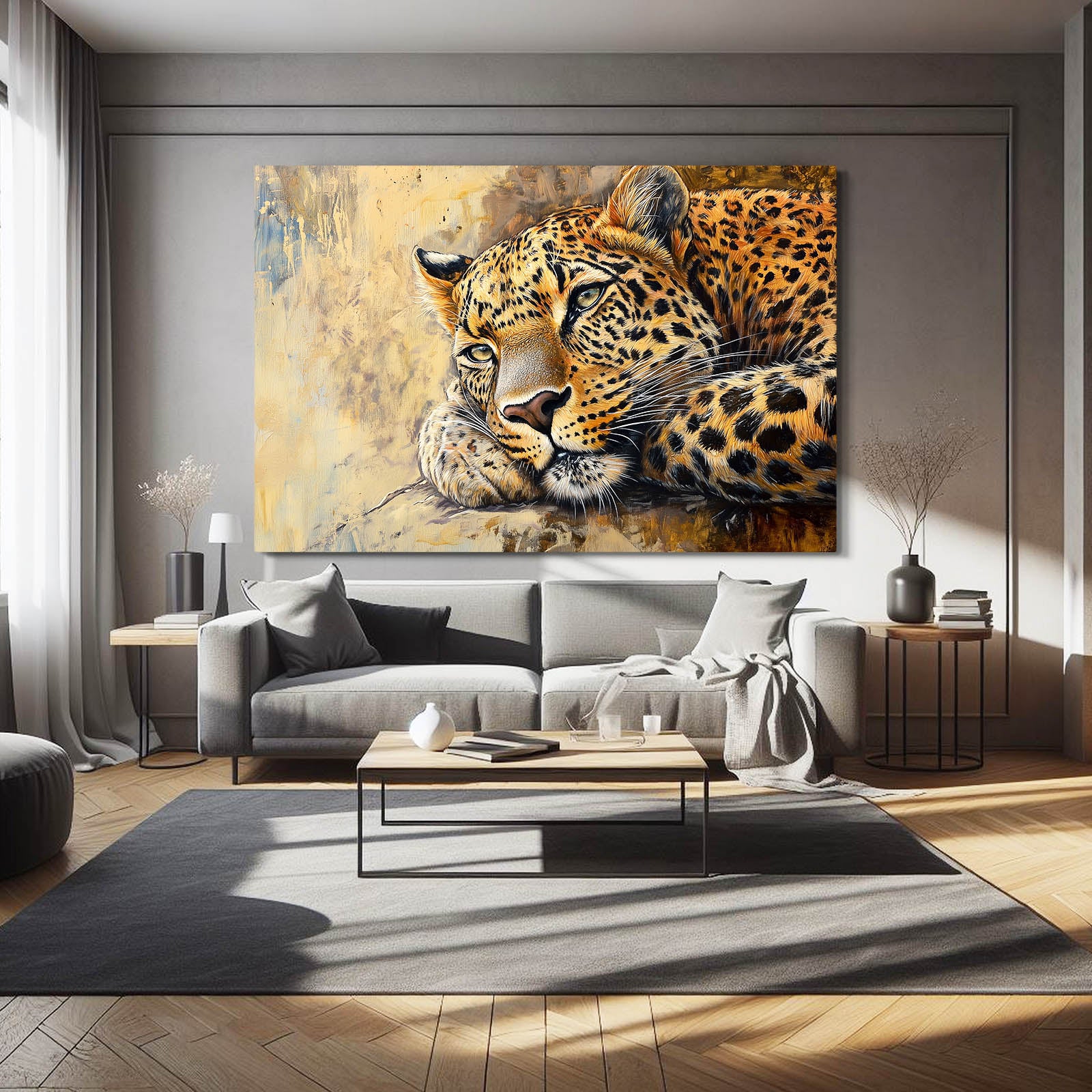 Warm Gold Repose Leopard Wall Art – styled in a furnished interior