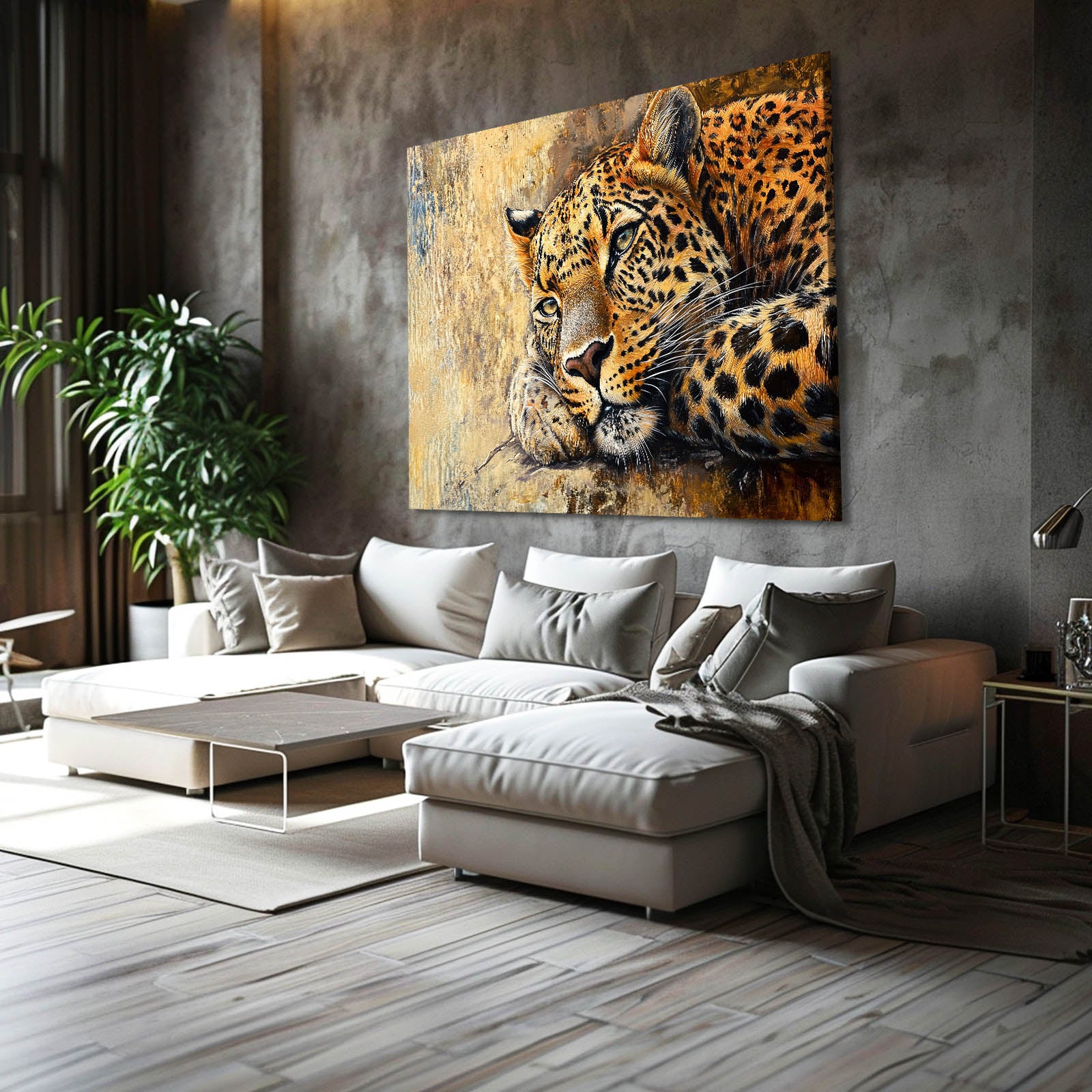 Warm Gold Repose Leopard Wall Art – styled in a furnished interior