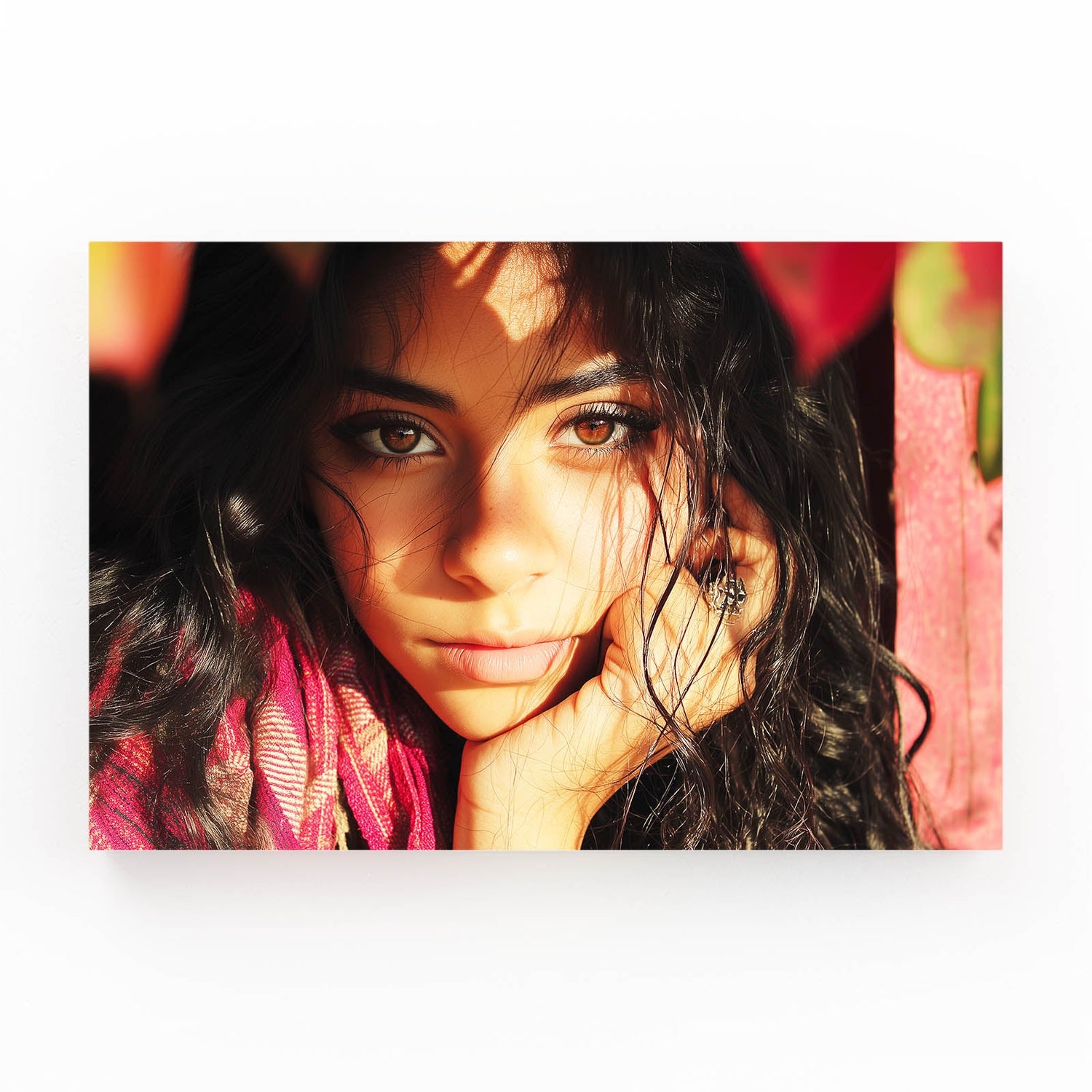 Warm Light Portrait Women Photography Prints Wall Art – woman with dark curls in warm light against crimson drape and golden bokeh