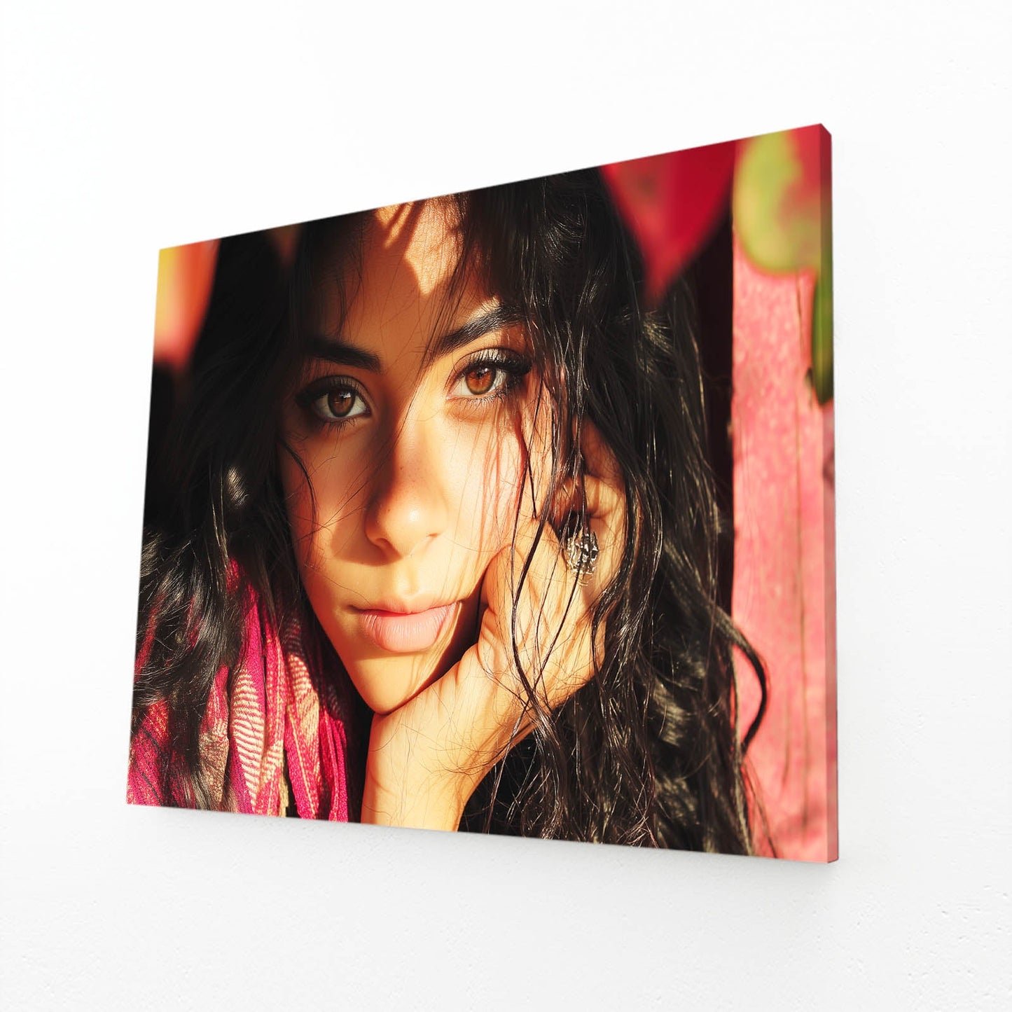 Warm Light Portrait Women Photography Prints Wall Art – angled canvas view on white background