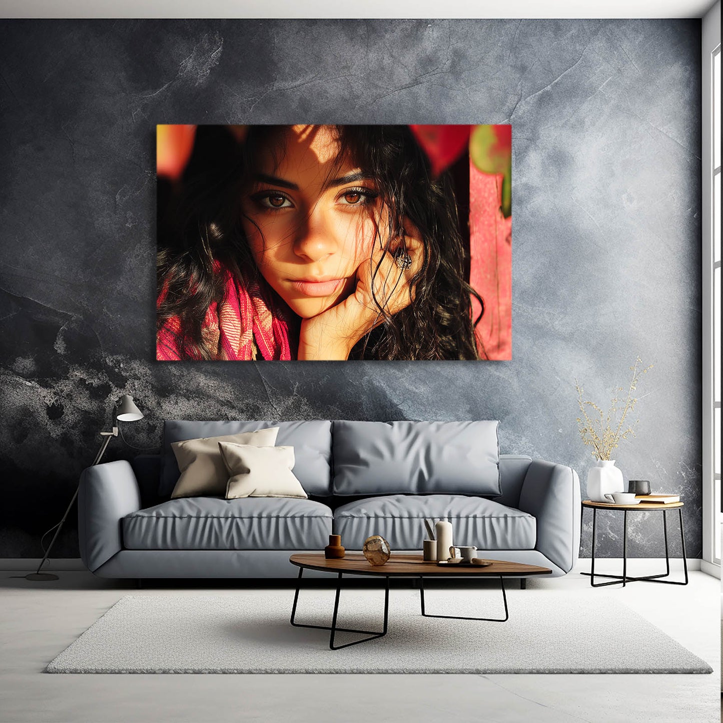 Warm Light Portrait Women Photography Prints Wall Art – above a grey sofa on a concrete wall