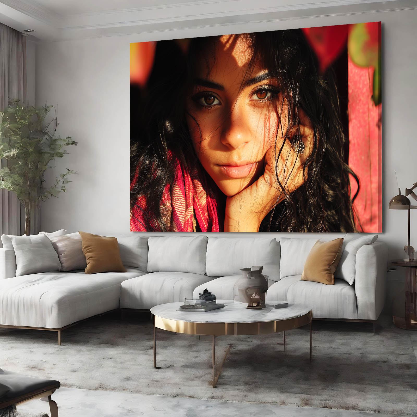Warm Light Portrait Women Photography Prints Wall Art – above a white sectional lounge