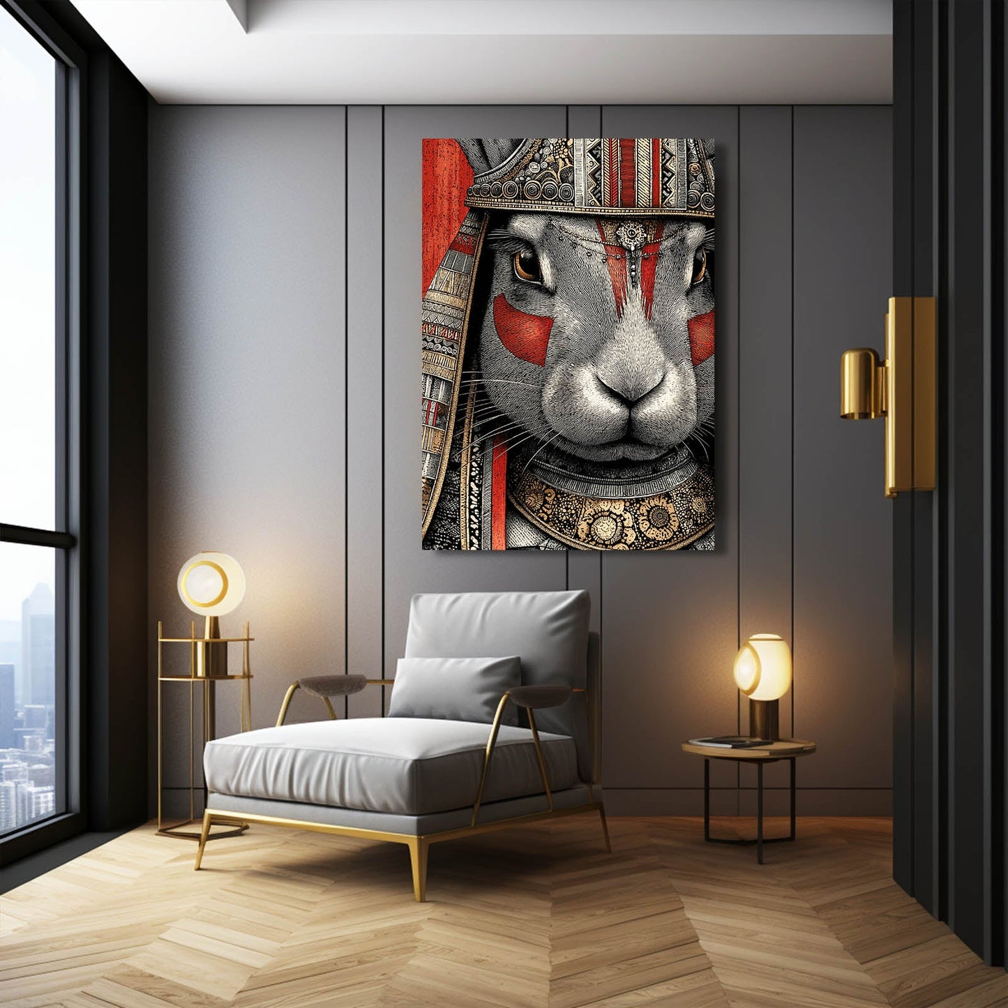 Warrior Bunny Wall Art – angled canvas view on white background