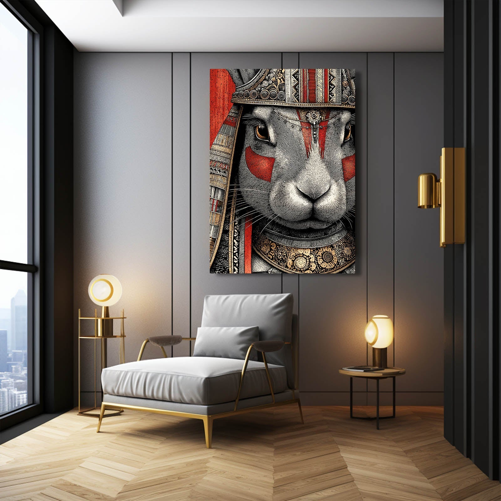 Warrior Bunny Wall Art – angled canvas view on white background