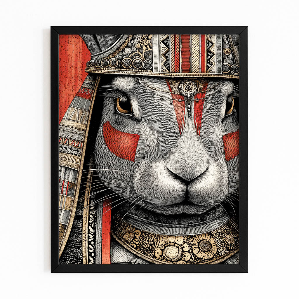 Warrior Bunny Wall Art – with Premium Black frame on white background