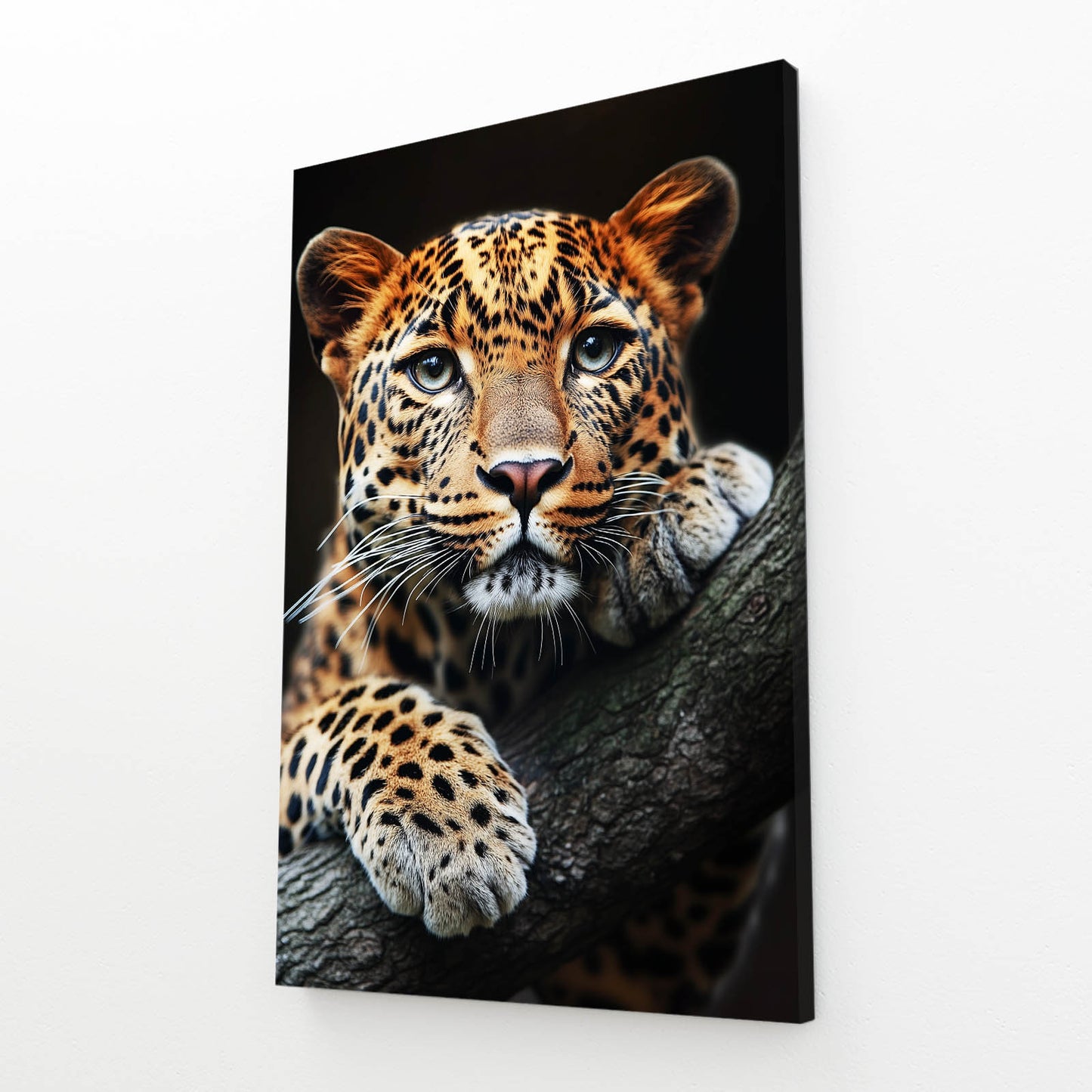 Watchful Blue Eyes Leopard Wall Decor – angled canvas view on white background