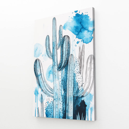 Watercolor Blue Cluster Cactus Canvas Art – angled canvas view on white background