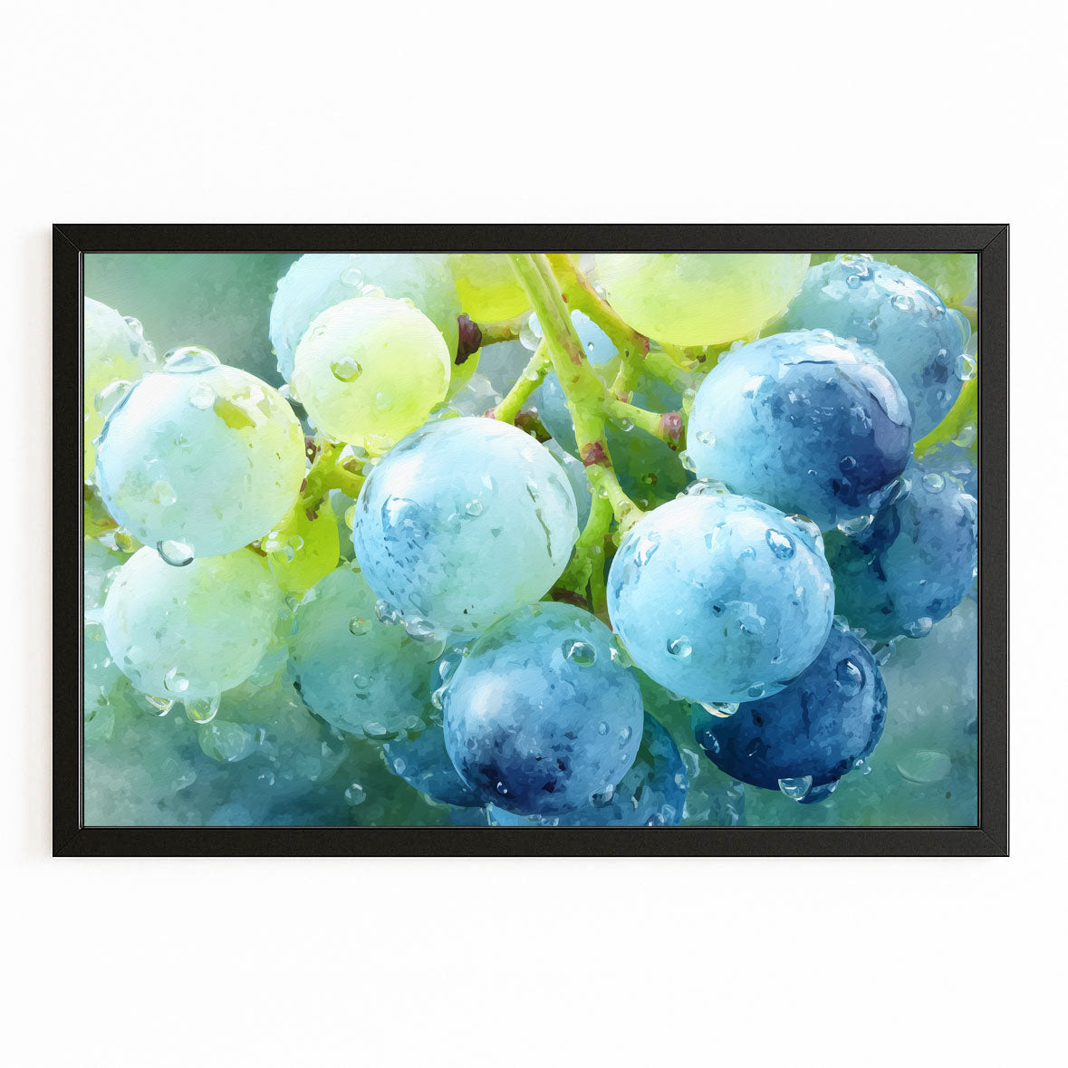 Watercolor Blue Grapes Fruit Art – with Premium Black frame on white background