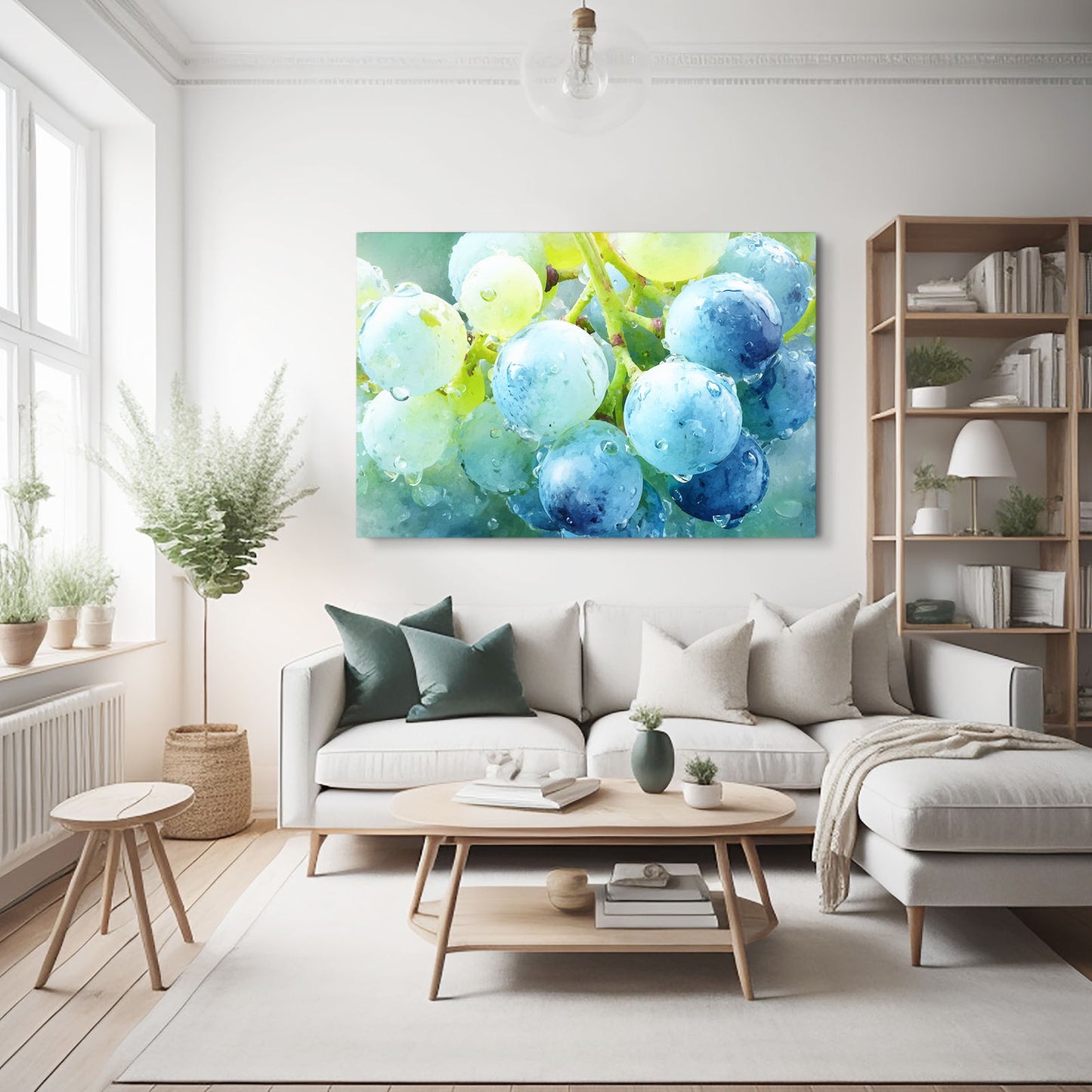 Watercolor Blue Grapes Fruit Art – styled in a furnished interior