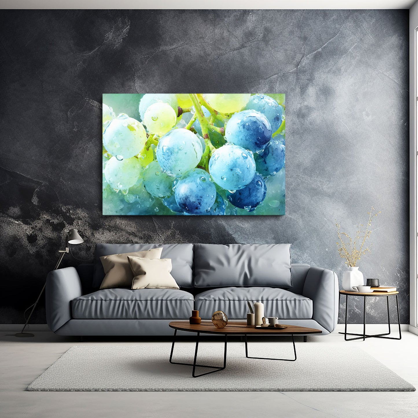Watercolor Blue Grapes Fruit Art – styled in a furnished interior