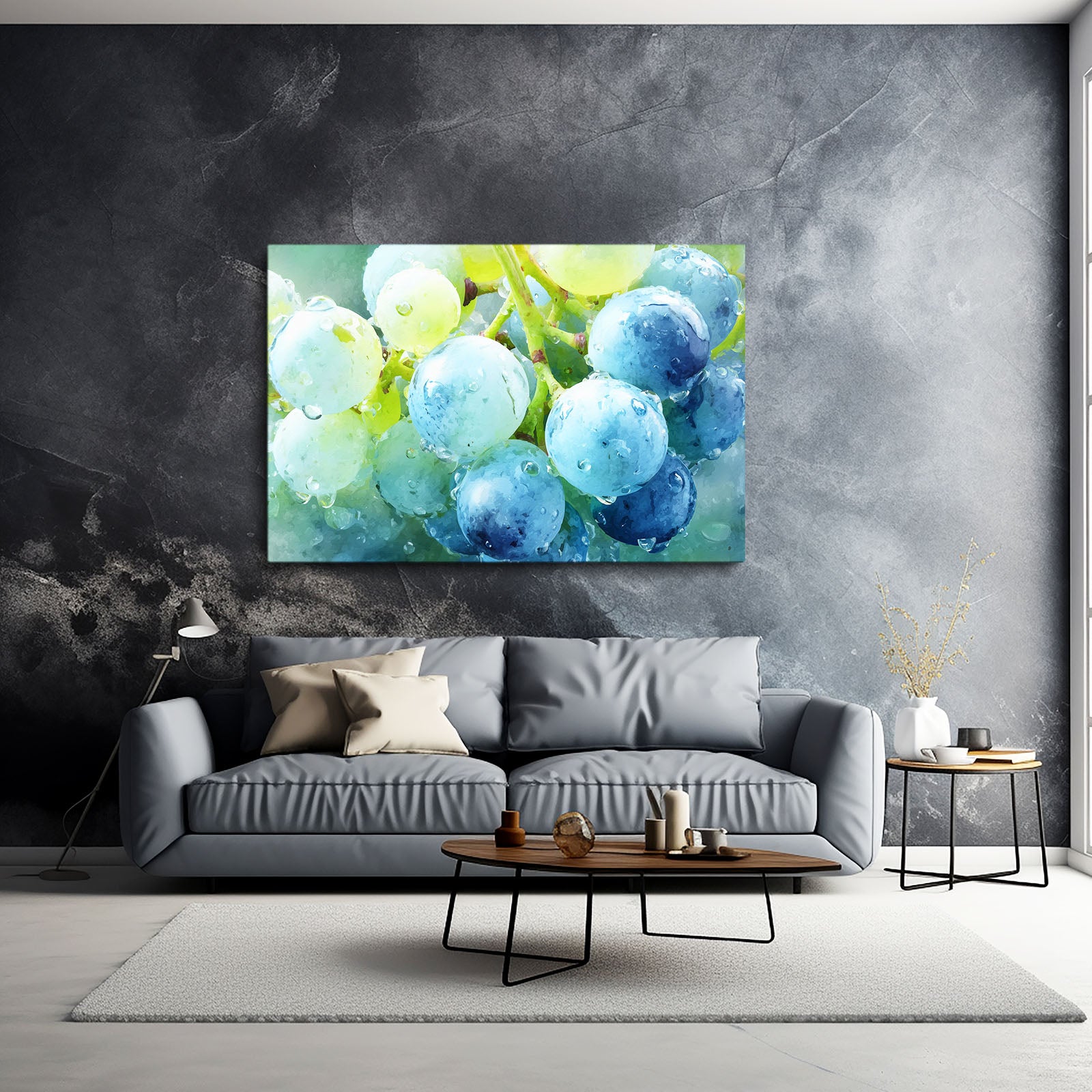 Watercolor Blue Grapes Fruit Art – styled in a furnished interior