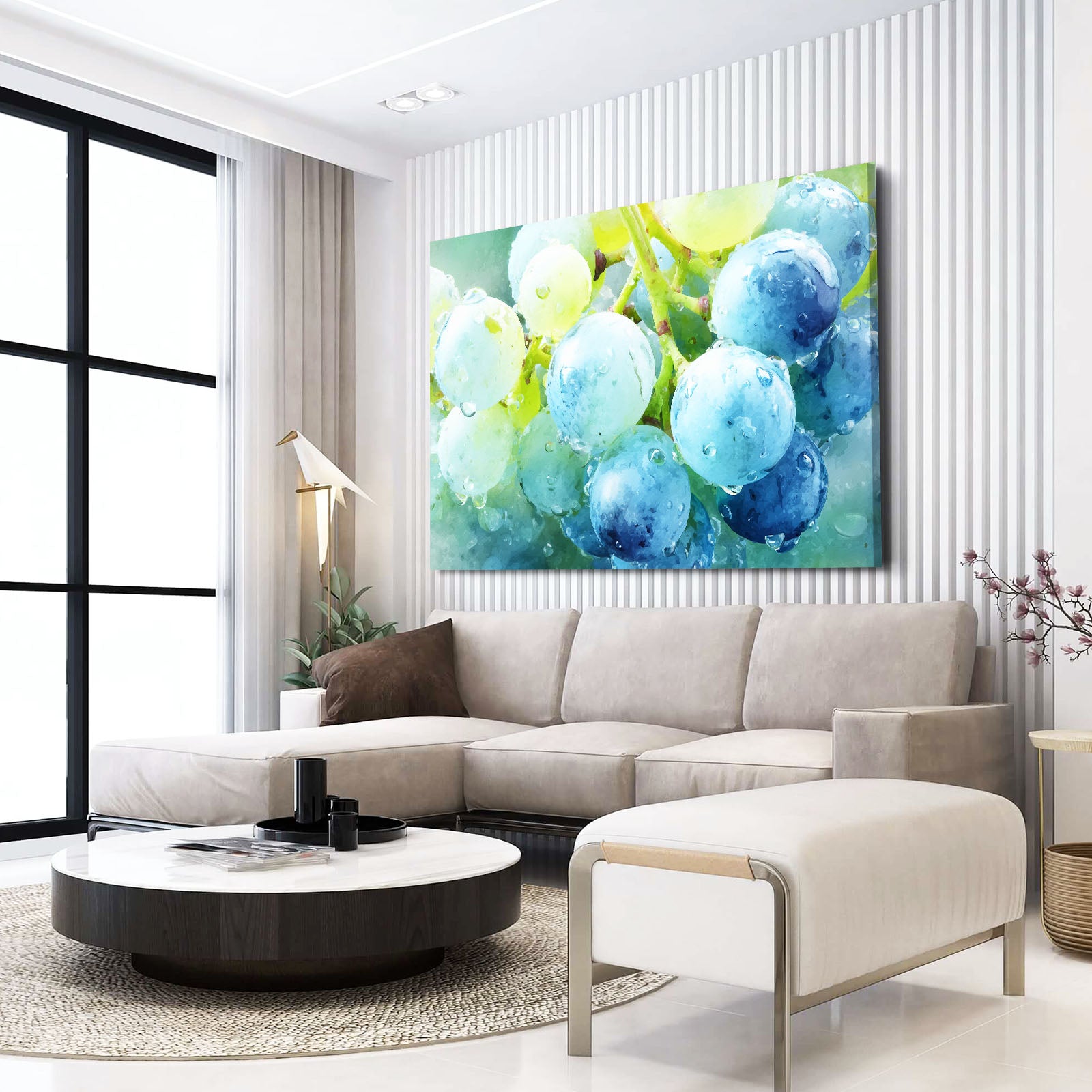 Watercolor Blue Grapes Fruit Art – styled in a furnished interior