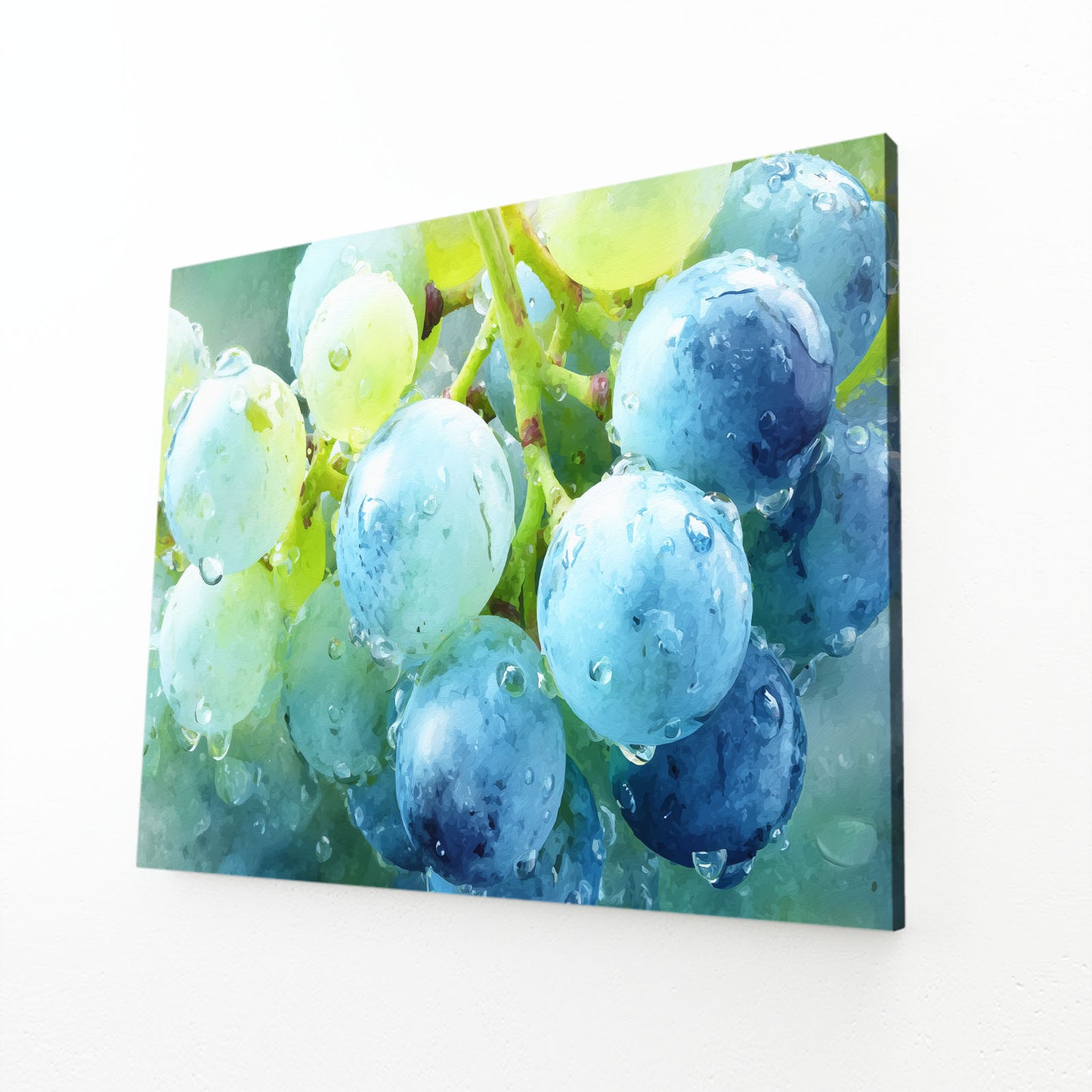 Watercolor Blue Grapes Fruit Art – angled canvas view on white background