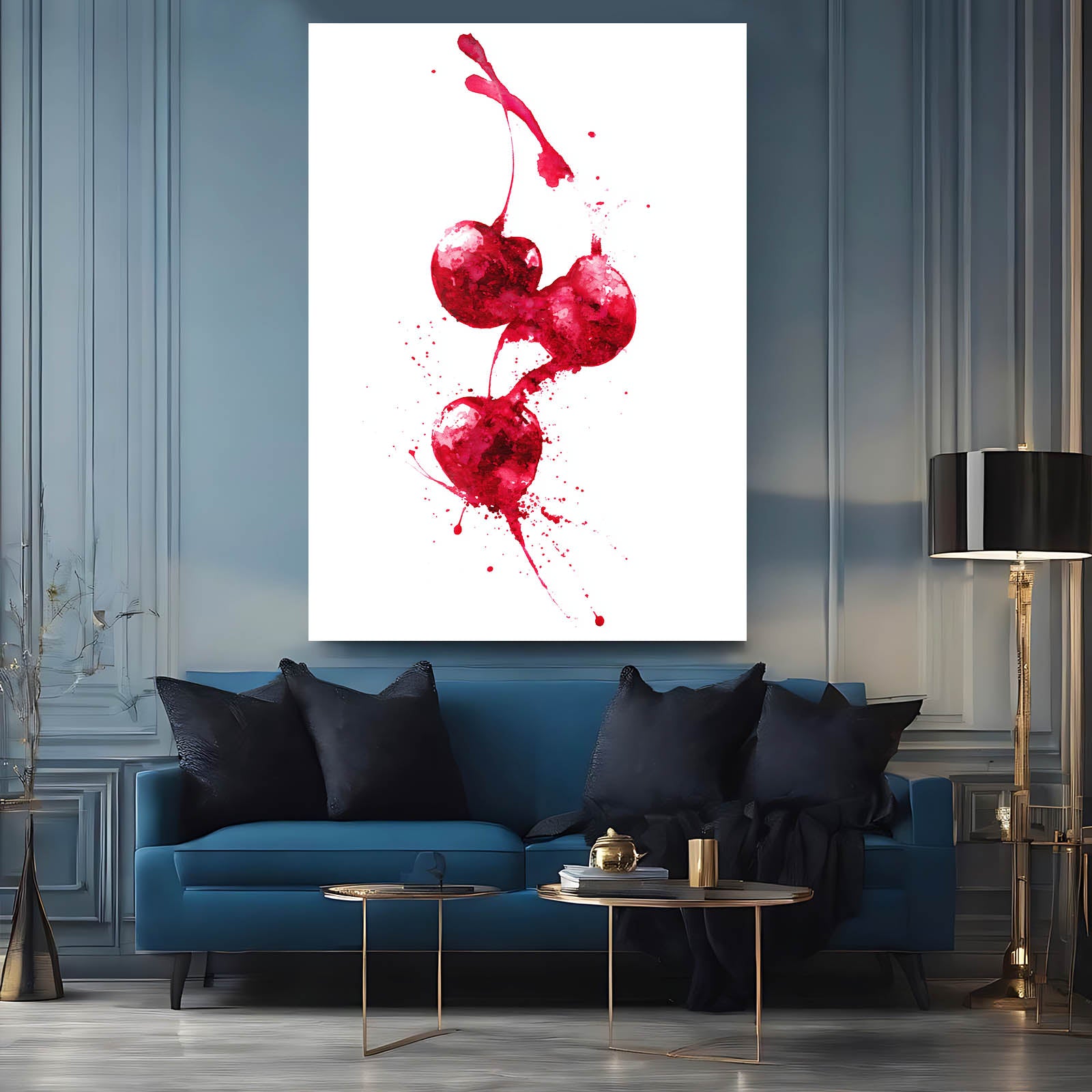 Watercolor Cherry Splash Fruit Wall Decor – styled in a furnished interior