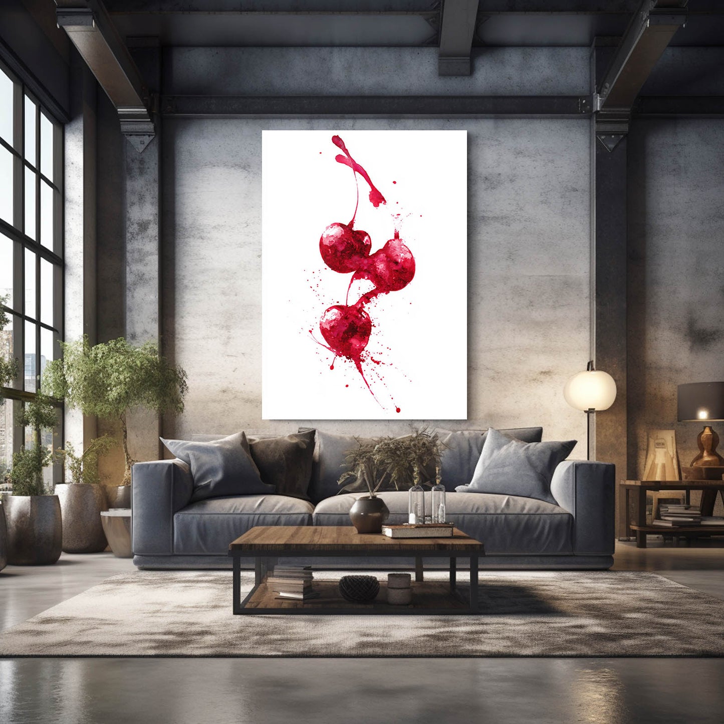 Watercolor Cherry Splash Fruit Wall Decor – styled in a furnished interior