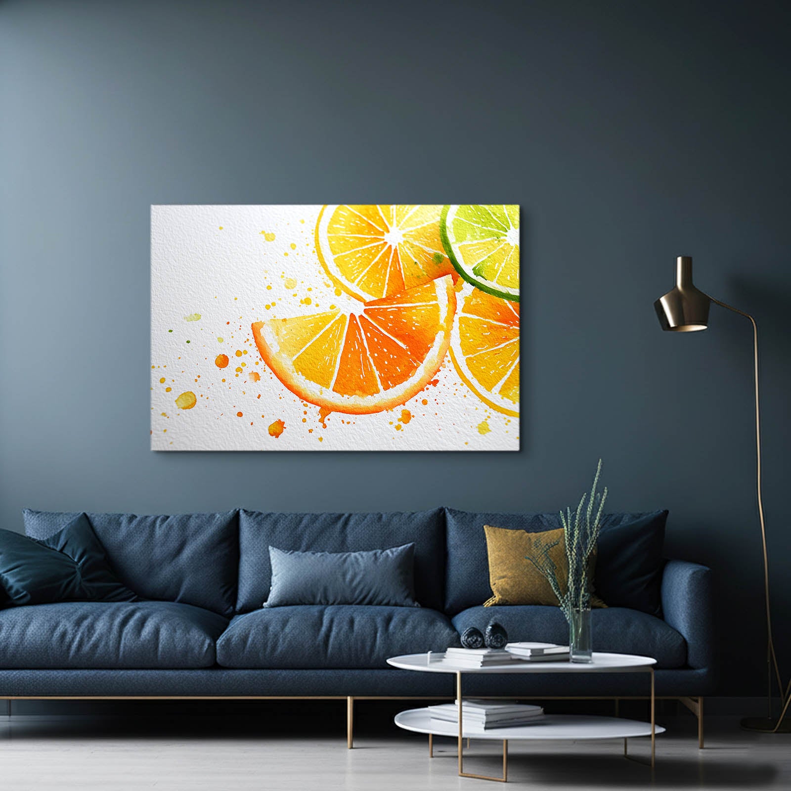 Watercolor Citrus Slices Fruit Canvas Art – styled in a furnished interior