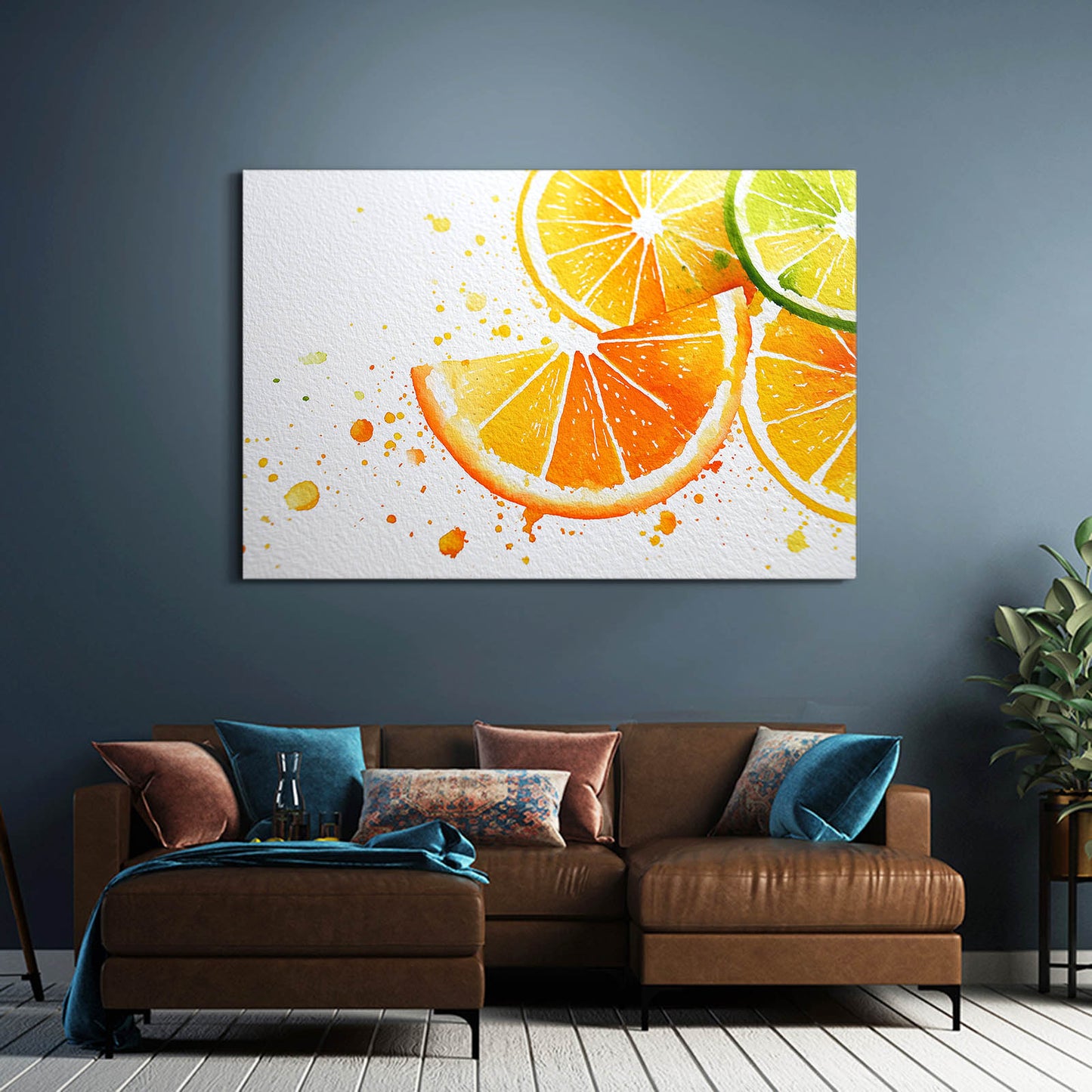 Watercolor Citrus Slices Fruit Canvas Art – styled in a furnished interior