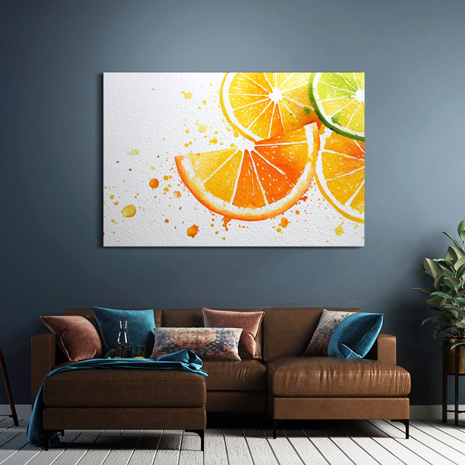 Watercolor Citrus Slices Fruit Canvas Art – styled in a furnished interior