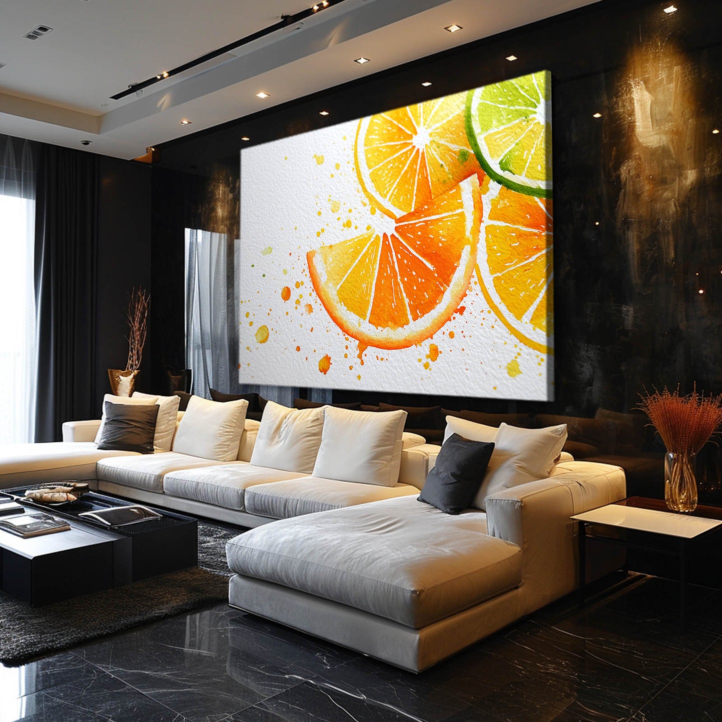 Watercolor Citrus Slices Fruit Canvas Art – styled in a furnished interior