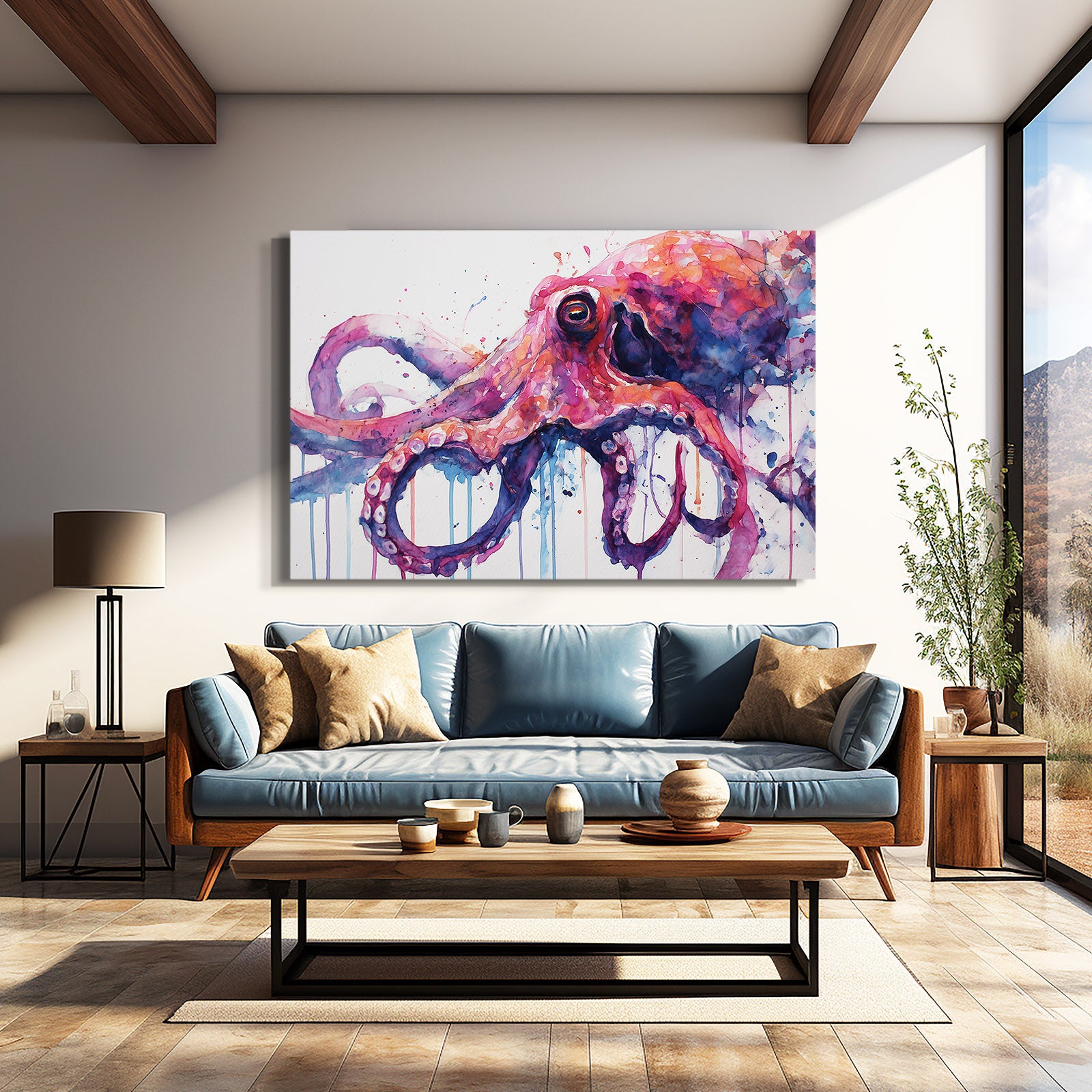 Watercolor Drip Octopus Wall Decor – styled in a furnished interior