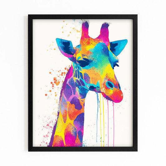 Colorful giraffe painting in a black frame on a white background