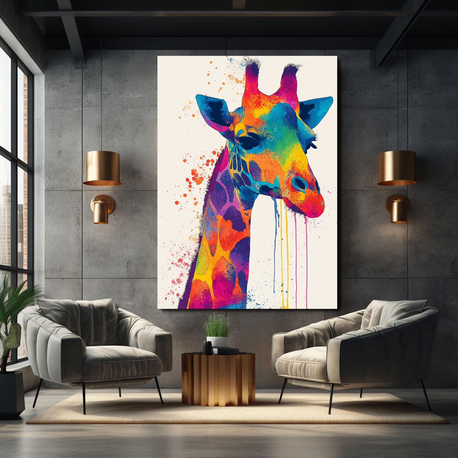 Colorful giraffe painting on a wall in a modern living room.