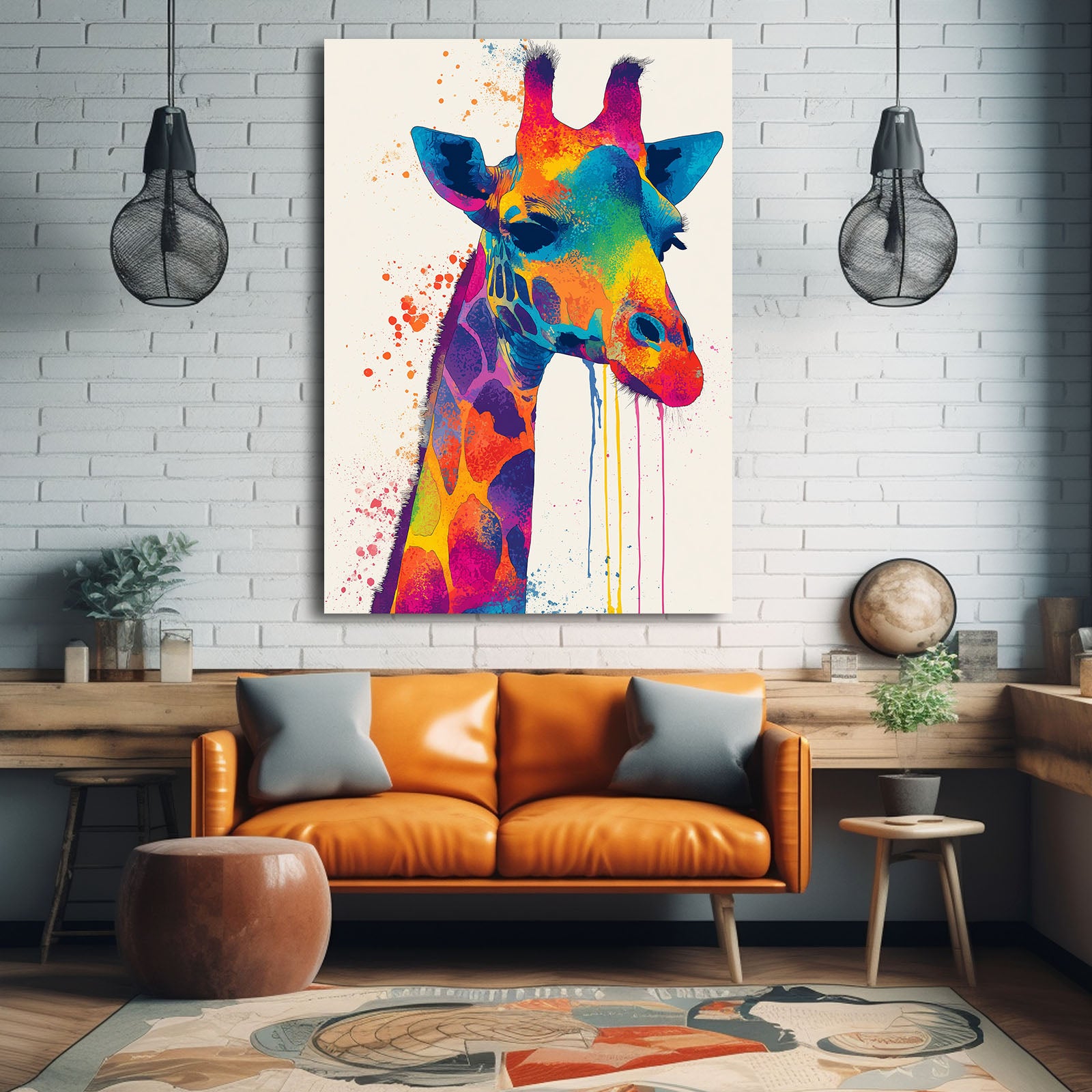 Colorful giraffe painting on a wall above an orange sofa in a modern living room.