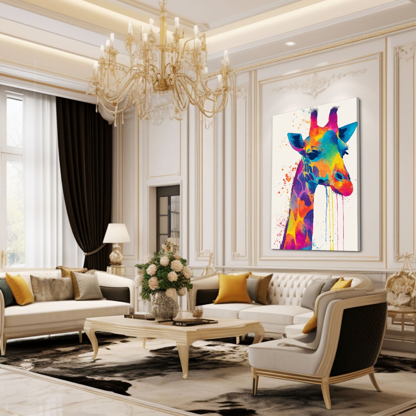Luxurious living room with a colorful giraffe painting on the wall.