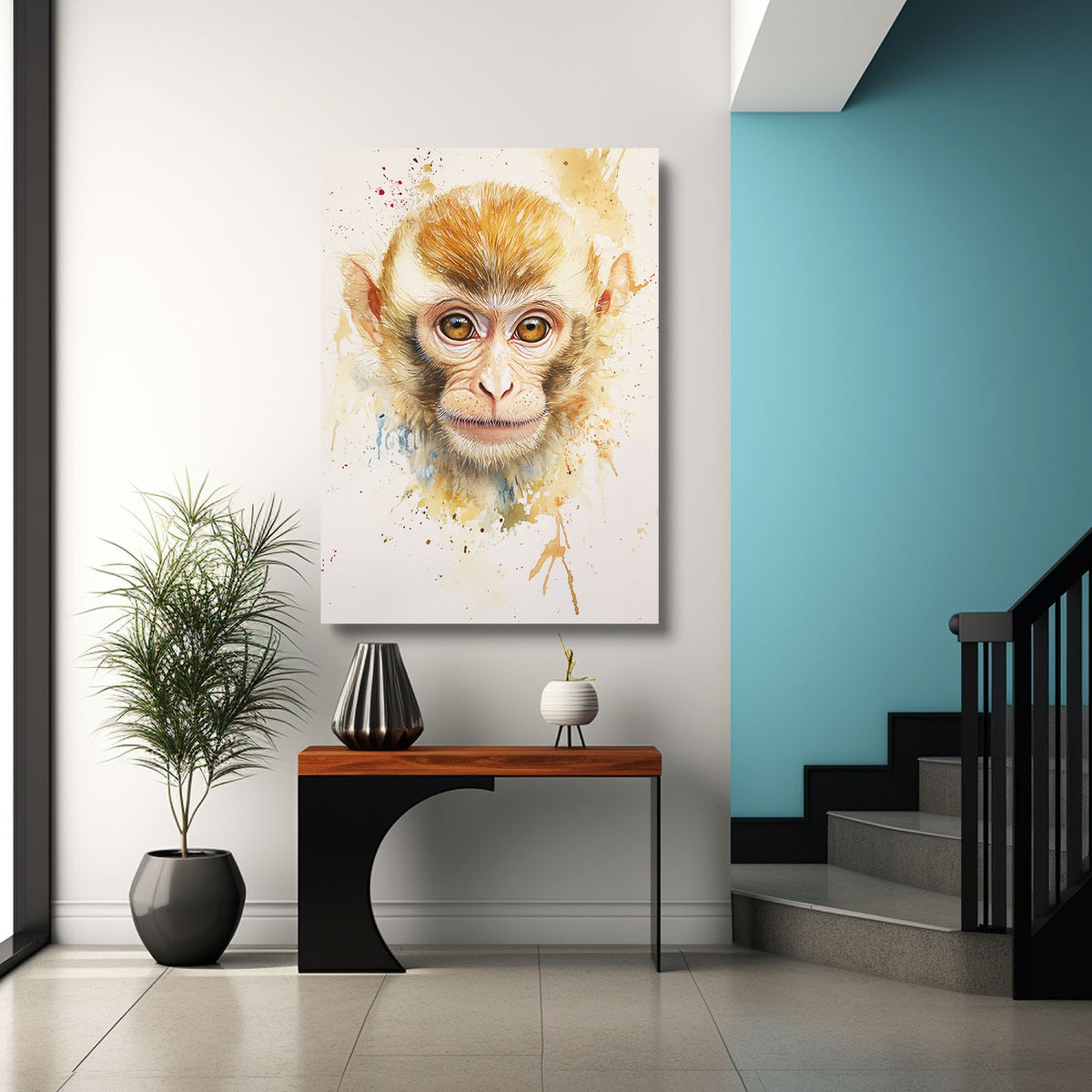 Watercolor Golden Fur Monkey Art — watercolor canvas print, styled in a furnished interior