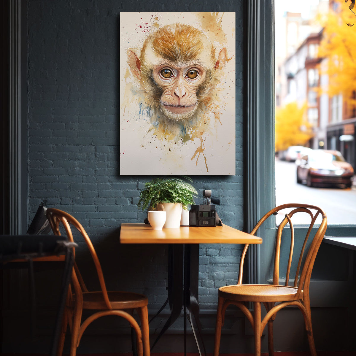 Watercolor Golden Fur Monkey Art — watercolor canvas print, styled in a furnished interior