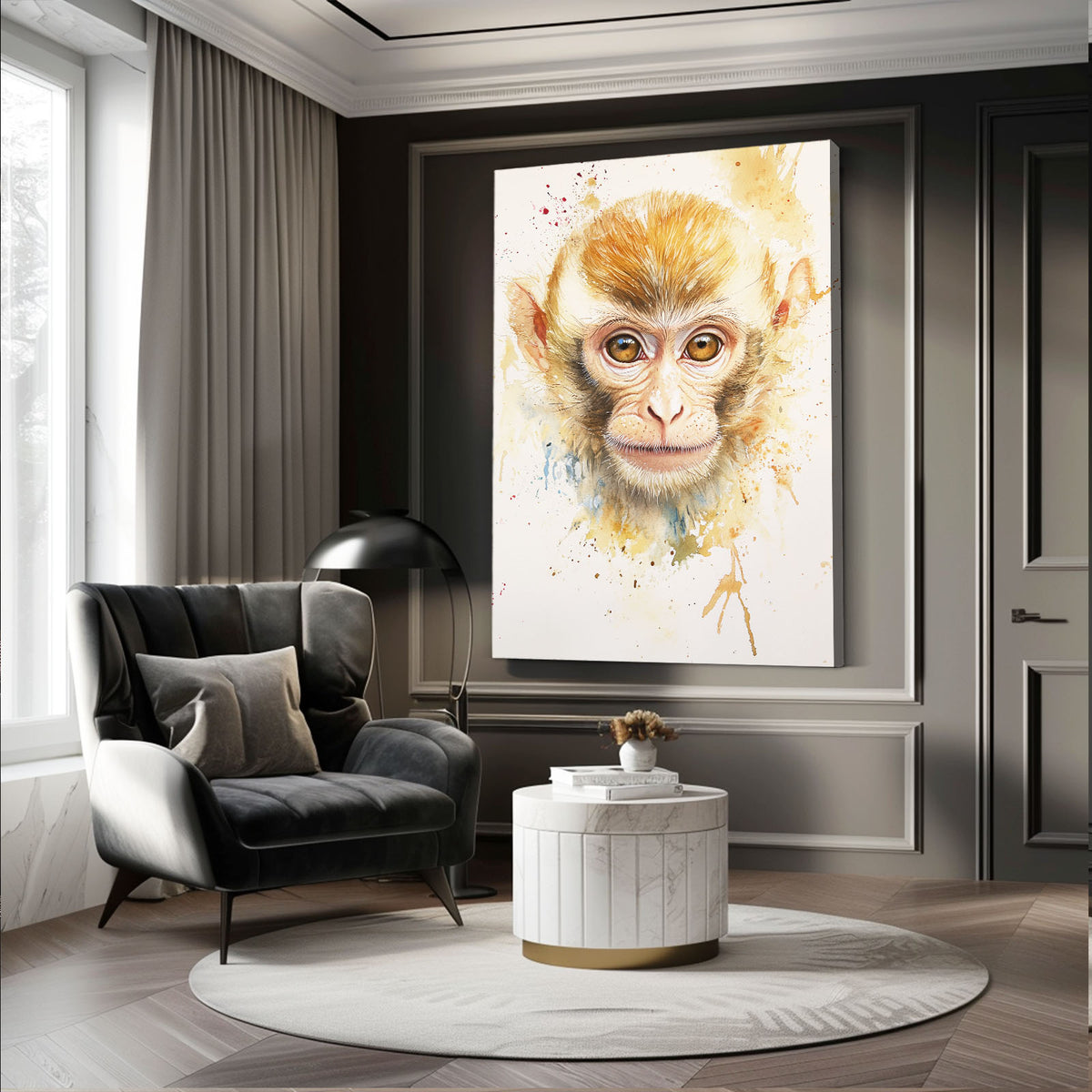 Watercolor Golden Fur Monkey Art — watercolor canvas print, styled in a furnished interior