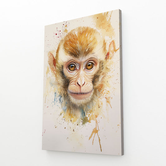 Watercolor Golden Fur Monkey Art – angled canvas view on white background